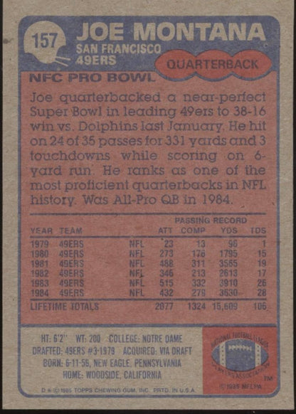 Joe Montana 1985 Topps #157 San Francisco 49ers #4 - Collector Store LLC