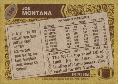 Joe Montana 1986 Topps #156 San Francisco 49ers #3 - Collector Store LLC