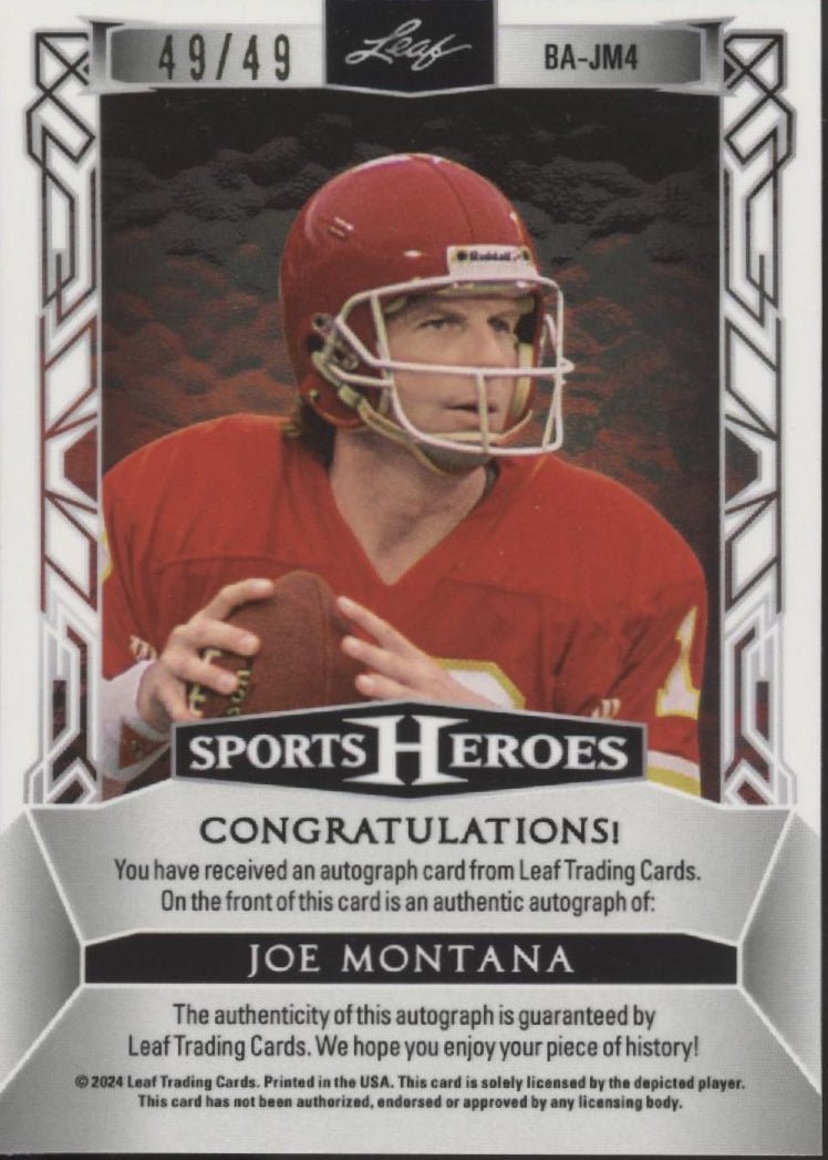 Joe Montana 2024 Leaf Sports Heroes Auto 49/49 #BA - JM4 - Collector Store LLC