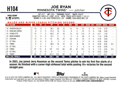 Joe Ryan 2024 Topps Holiday Blue Holo H104 - Collector Store LLC