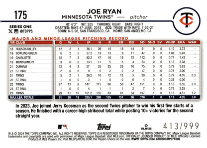 Joe Ryan 2024 Topps Series 1 Blue Foilboard 413/999 175 - Collector Store LLC
