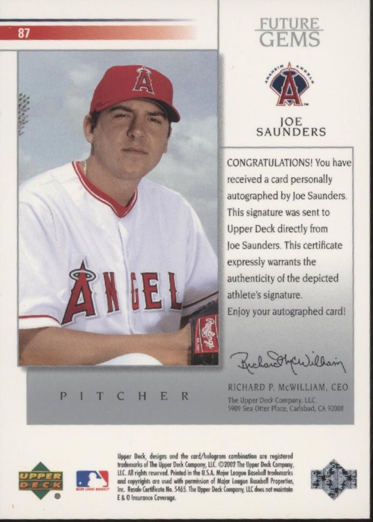 Joe Saunders 2002 Upper Deck Future Gems Auto #87 - Collector Store LLC