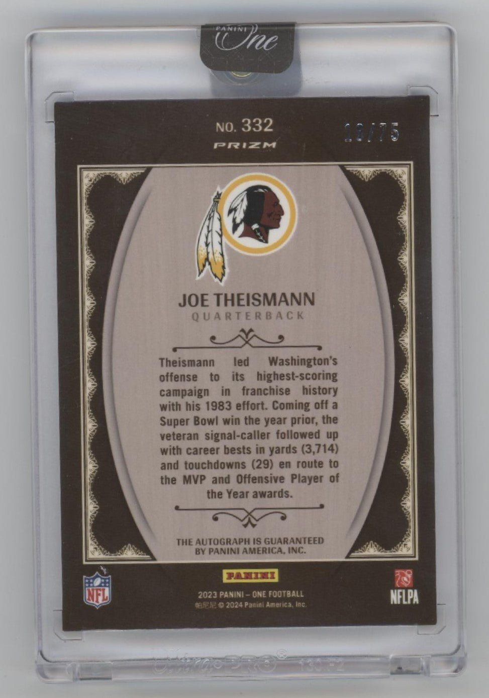 Joe Theismann 2023 Panini One Once Upon a Time Prizm Auto 18/75 #332 - Collector Store LLC