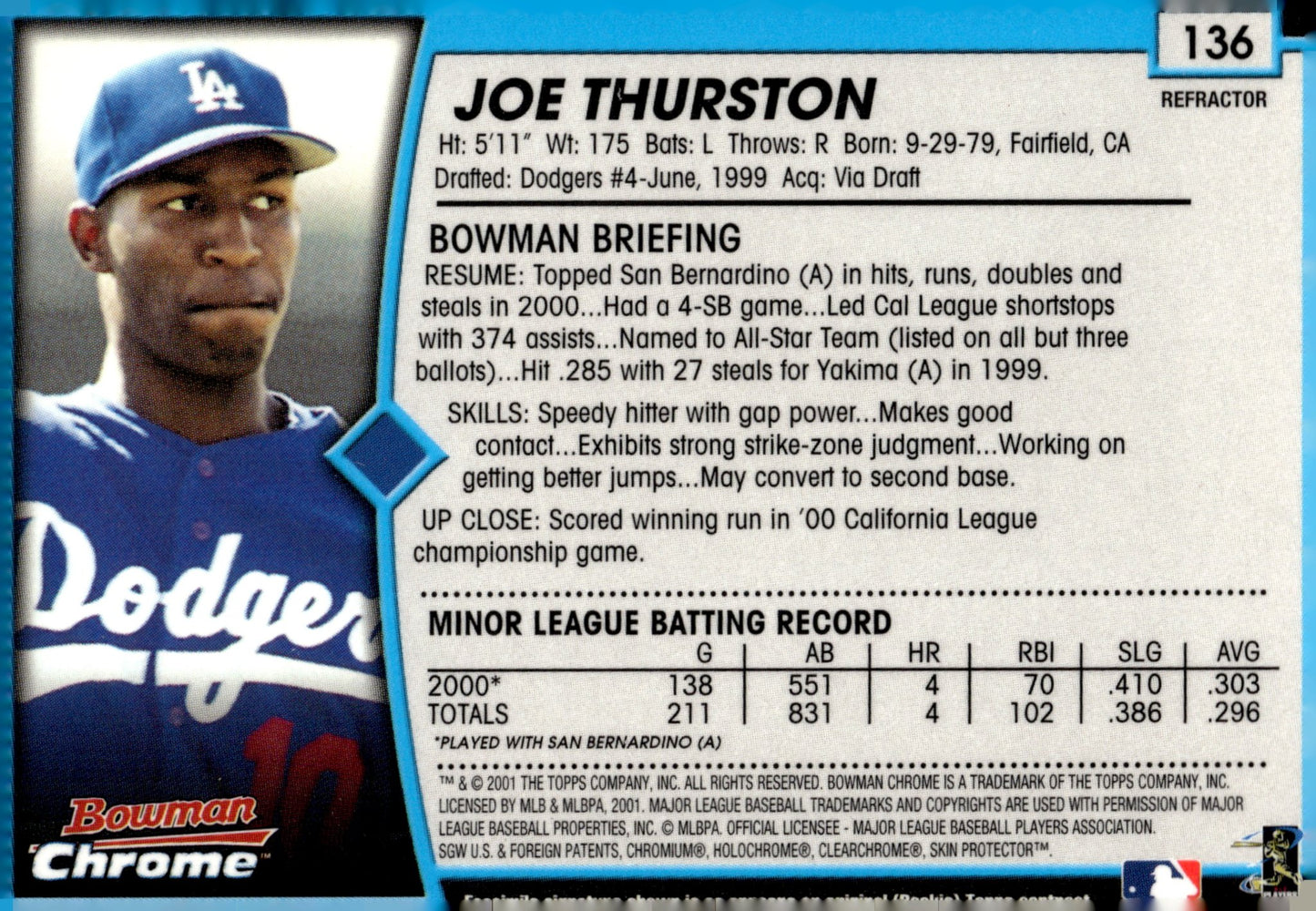 Joe Thurston 2001 Bowman Chrome Refractor RC #136 - Collector Store LLC