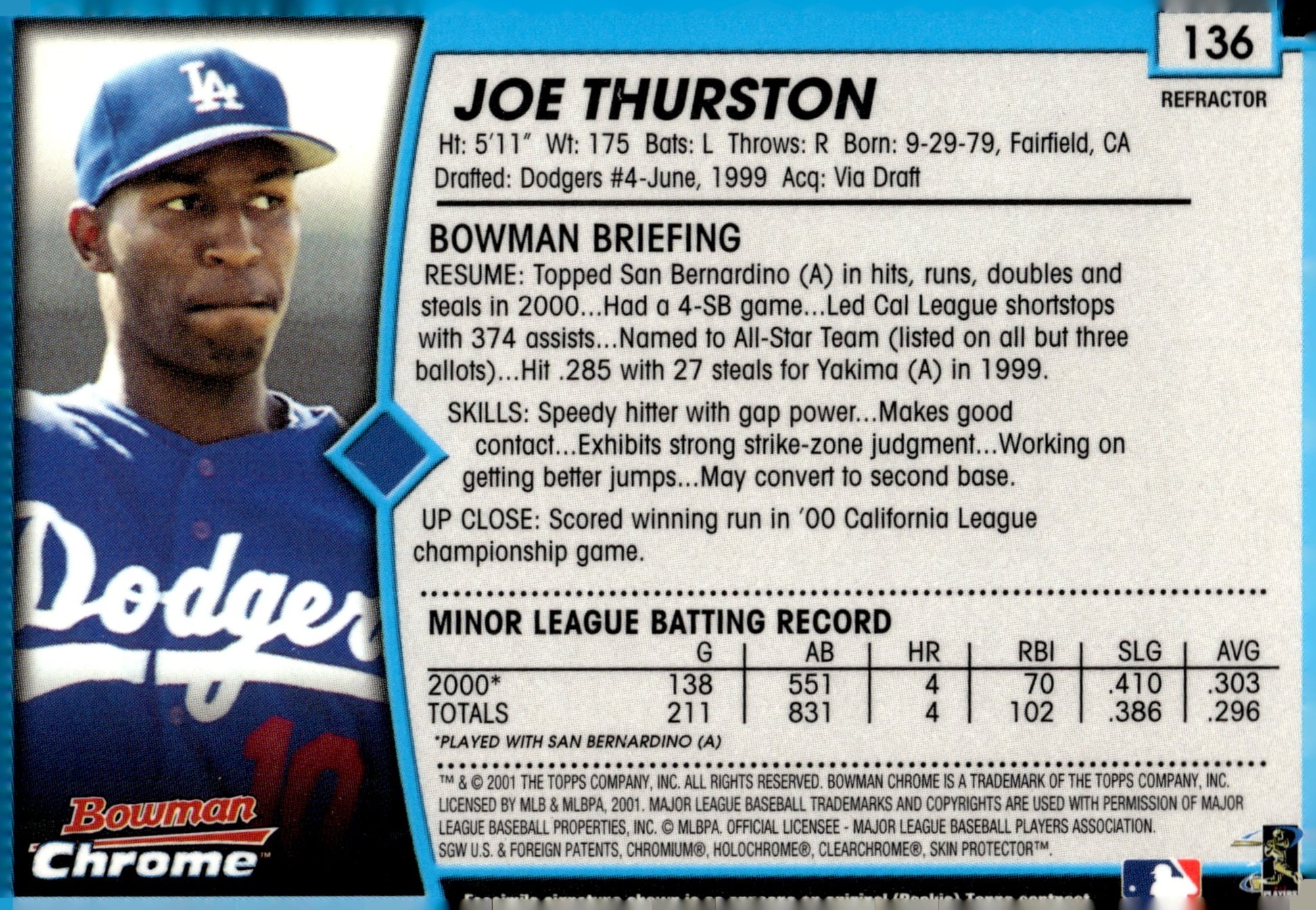 Joe Thurston 2001 Bowman Chrome Refractor RC #136 - Collector Store LLC