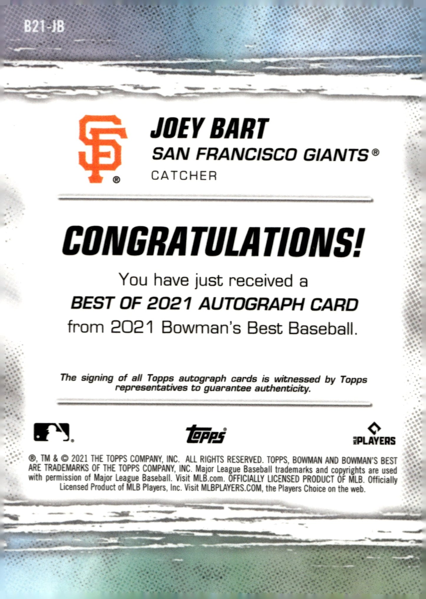 Joey Bart 2021 Bowman's Best RC Auto #B21 - JB - Collector Store LLC