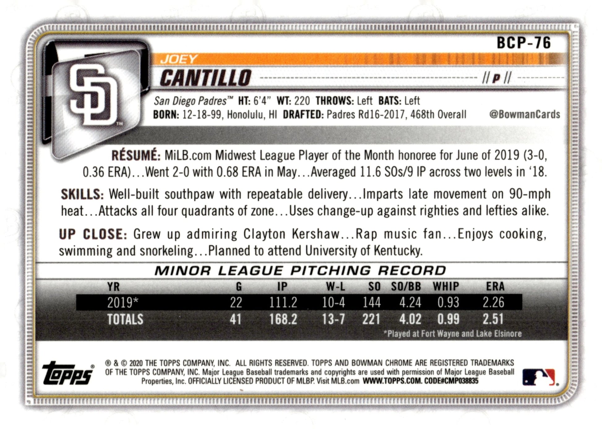 Joey Cantillo 2020 Bowman Chrome Mojo Refractor BCP - 76 - Collector Store LLC