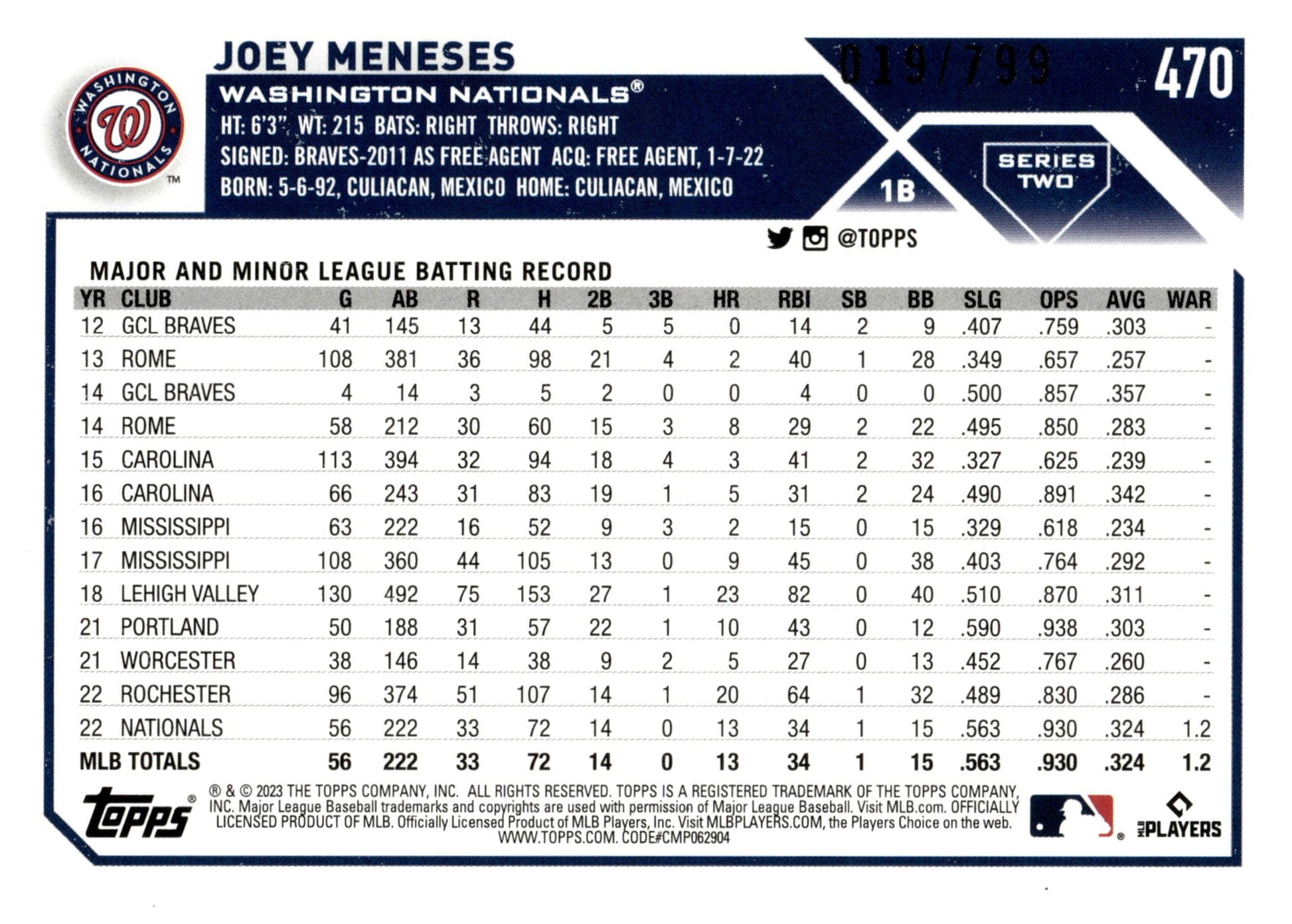 Joey Meneses 2023 Topps Series 2 Purple Foil RC 019/799 #470 - Collector Store LLC