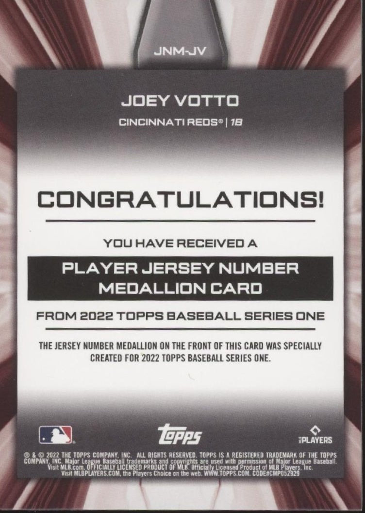 Joey Votto 2022 Topps Series 1 Player Jersey Number Medallion #JNM - JV - Collector Store LLC