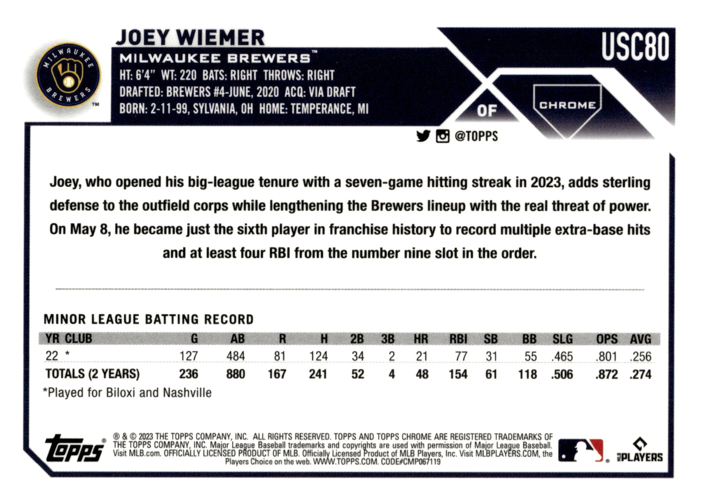 Joey Wiemer 2023 Topps Chrome Hyper Refractor RC USC80 - Collector Store LLC