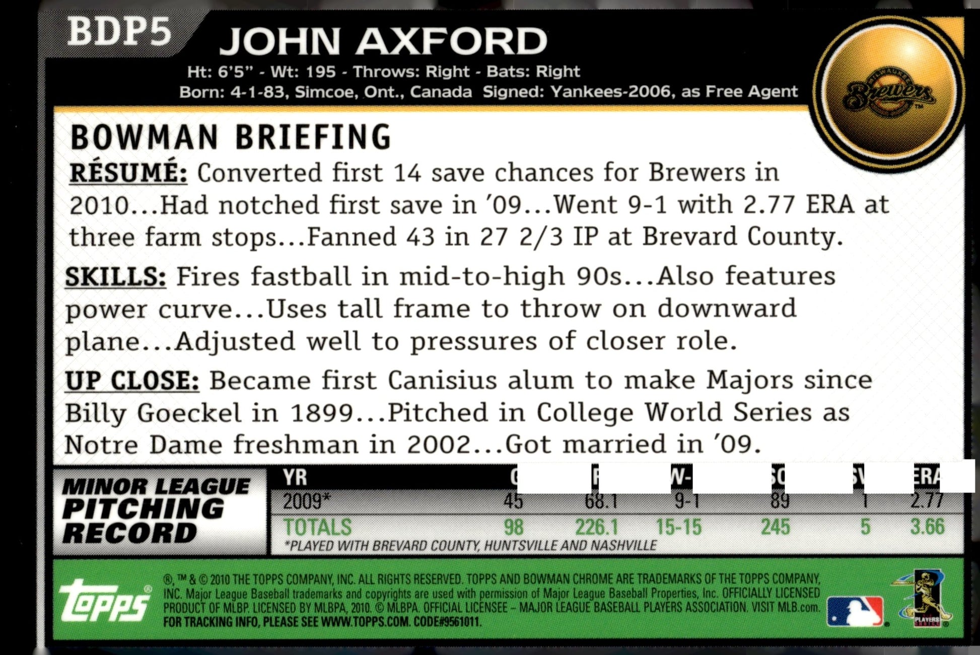 John Axford 2010 Bowman Chrome RC BDP5 - Collector Store LLC
