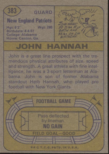 John Hannah 1974 Topps RC #383 New England Patriots EX - Collector Store LLC