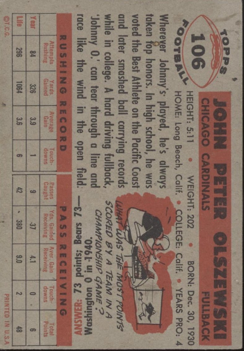 John Olszewski 1956 Topps #106 Chicago Cardinals VG - Collector Store LLC