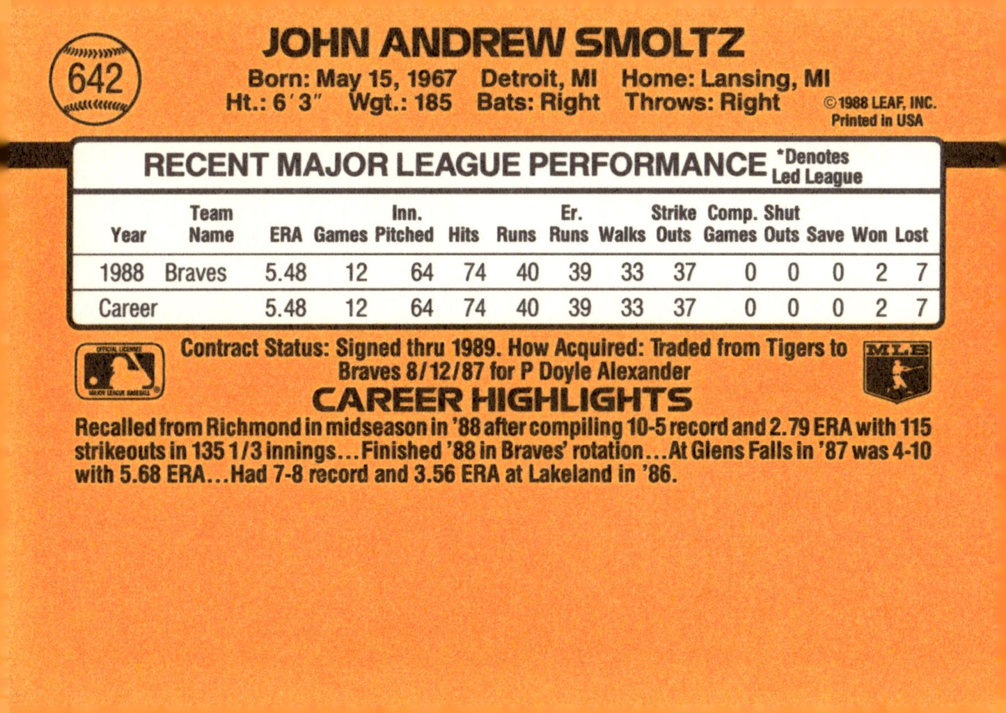 John Smoltz 1989 Donruss 642 - Collector Store LLC