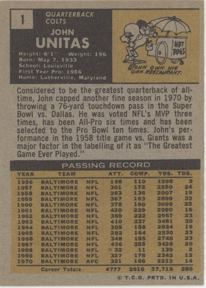 John Unitas 1971 Topps #1 Baltimore Colts VG - EX - Collector Store LLC