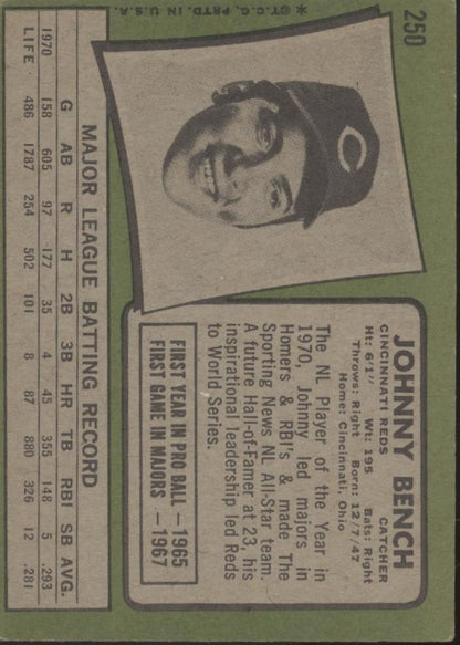 Johnny Bench 1971 Topps #250 Cincinnati Reds VG - EX - Collector Store LLC