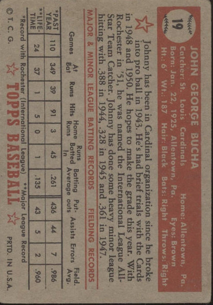Johnny Bucha 1952 Topps RC #19 St. Louis Cardinals VG - Collector Store LLC