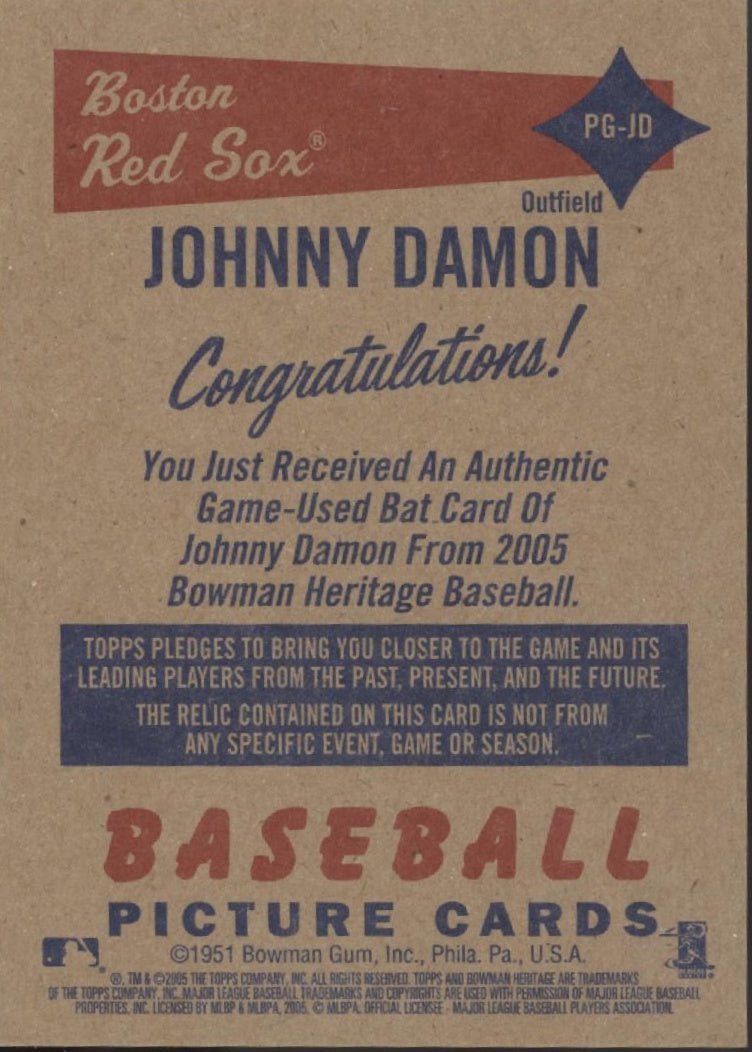 Johnny Damon 2005 Bowman Heritage Pieces of Greatness Relic #PG - JD - Collector Store LLC