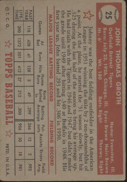 Johnny Groth 1952 Topps #25 Detroit Tigers VG - Collector Store LLC