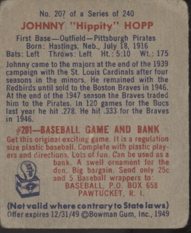 Johnny Hopp 1949 Bowman #207 Pittsburgh Pirates VG - Collector Store LLC