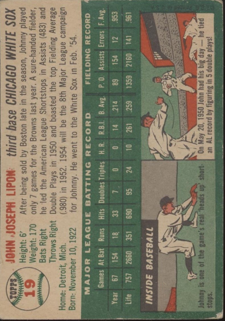 Johnny Lipon 1954 Topps 19 Baltimore Orioles VG - EX 3 - Collector Store LLC
