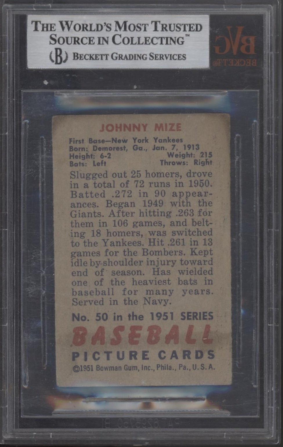 Johnny Mize 1951 Bowman #50 with Beckett Authentic Autograph - Collector Store LLC