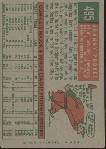 Johnny Podres 1959 Topps #495 Los Angeles Dodgers VG - Collector Store LLC