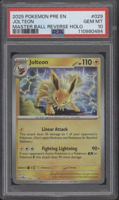 Jolteon Pokemon Prismatic Evolutions Master Ball Reverse Holo 029 PSA 10 - Collector Store LLC