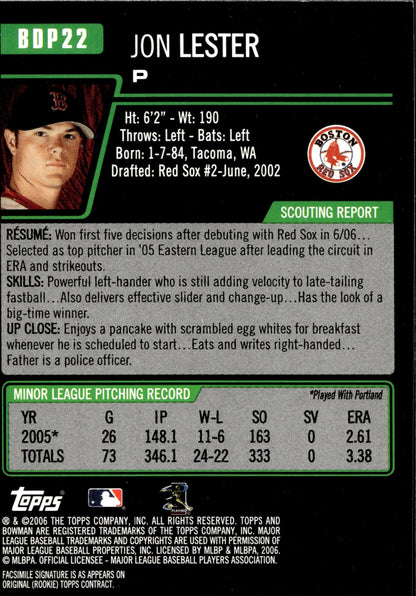 Jon Lester 2006 Bowman RC BDP22 1 - Collector Store LLC