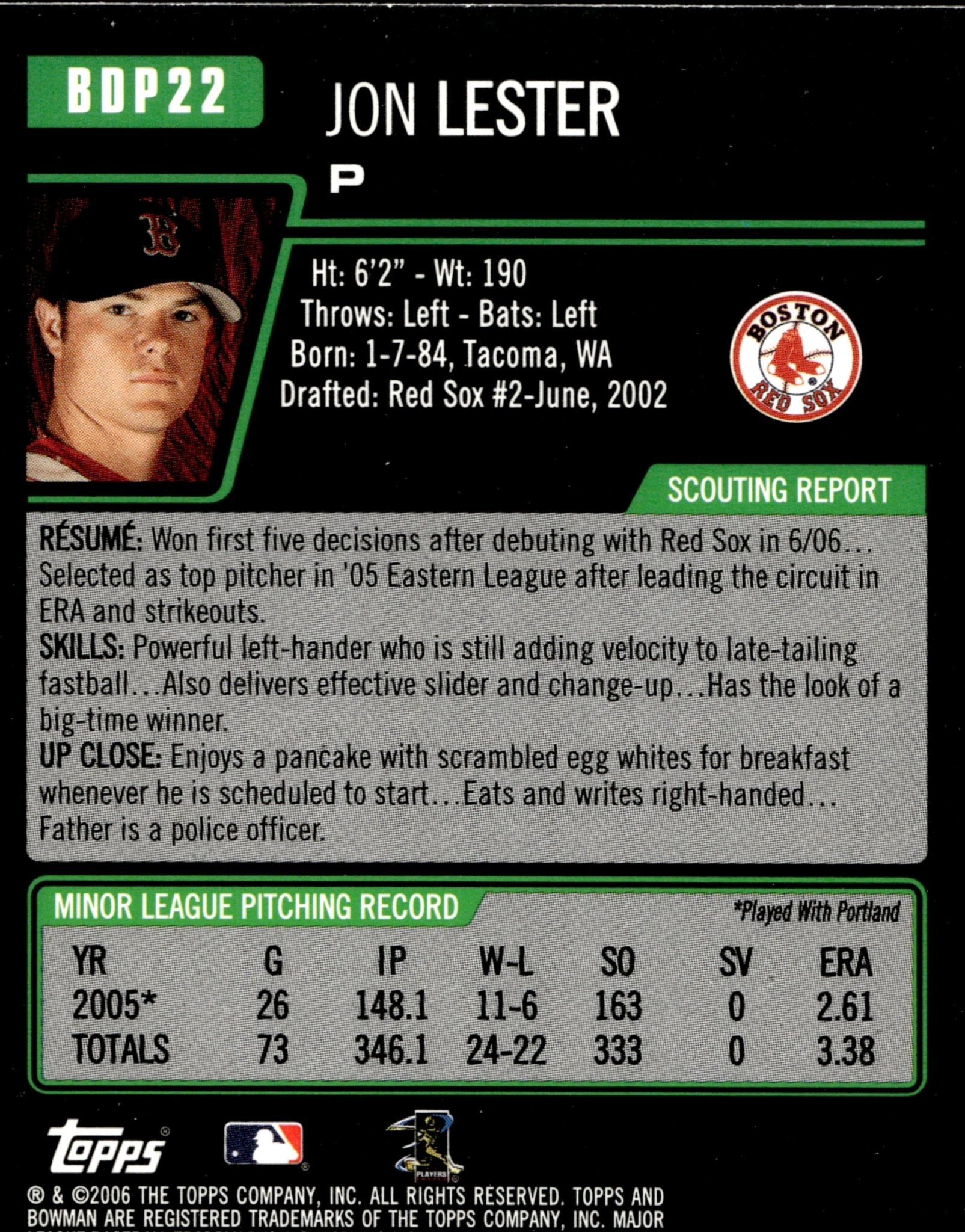 Jon Lester 2006 Bowman RC BDP22 3 - Collector Store LLC