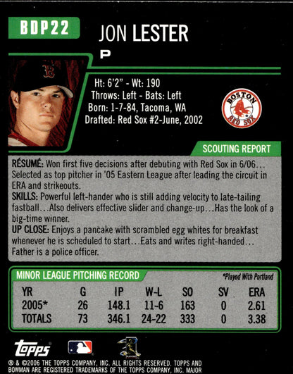 Jon Lester 2006 Bowman RC BDP22 3 - Collector Store LLC