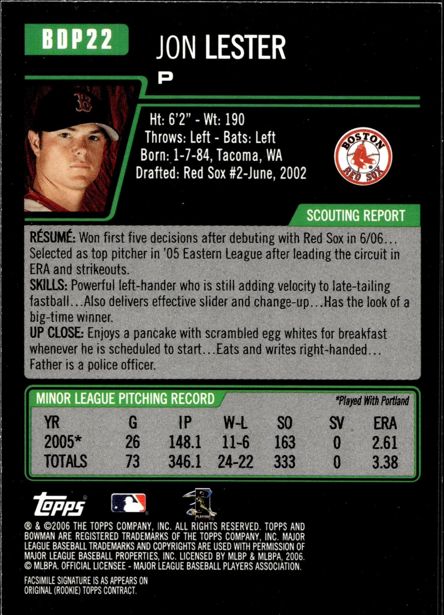 Jon Lester 2006 Bowman RC BDP22 4 - Collector Store LLC