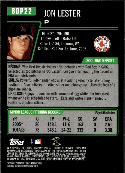 Jon Lester 2006 Bowman RC BDP22 4 - Collector Store LLC