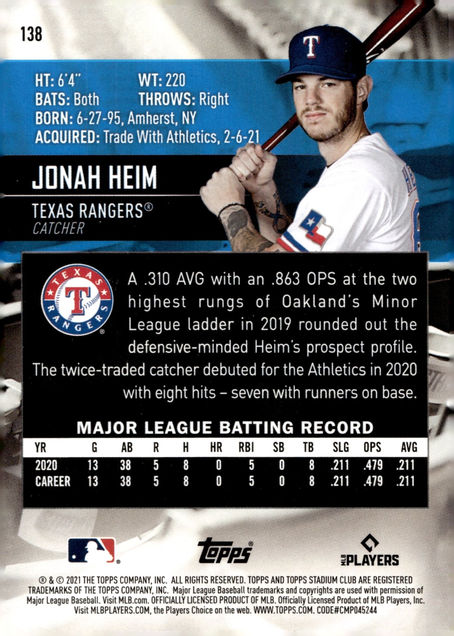 Jonah Heim 2021 Topps Stadium Club RC 138 - Collector Store LLC