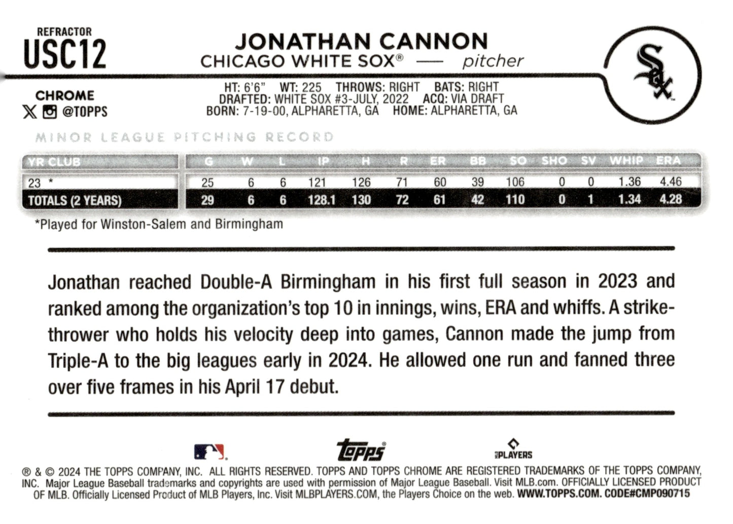 Jonathan Cannon 2024 Topps Chrome Hyper Refractor RC USC12 - Collector Store LLC