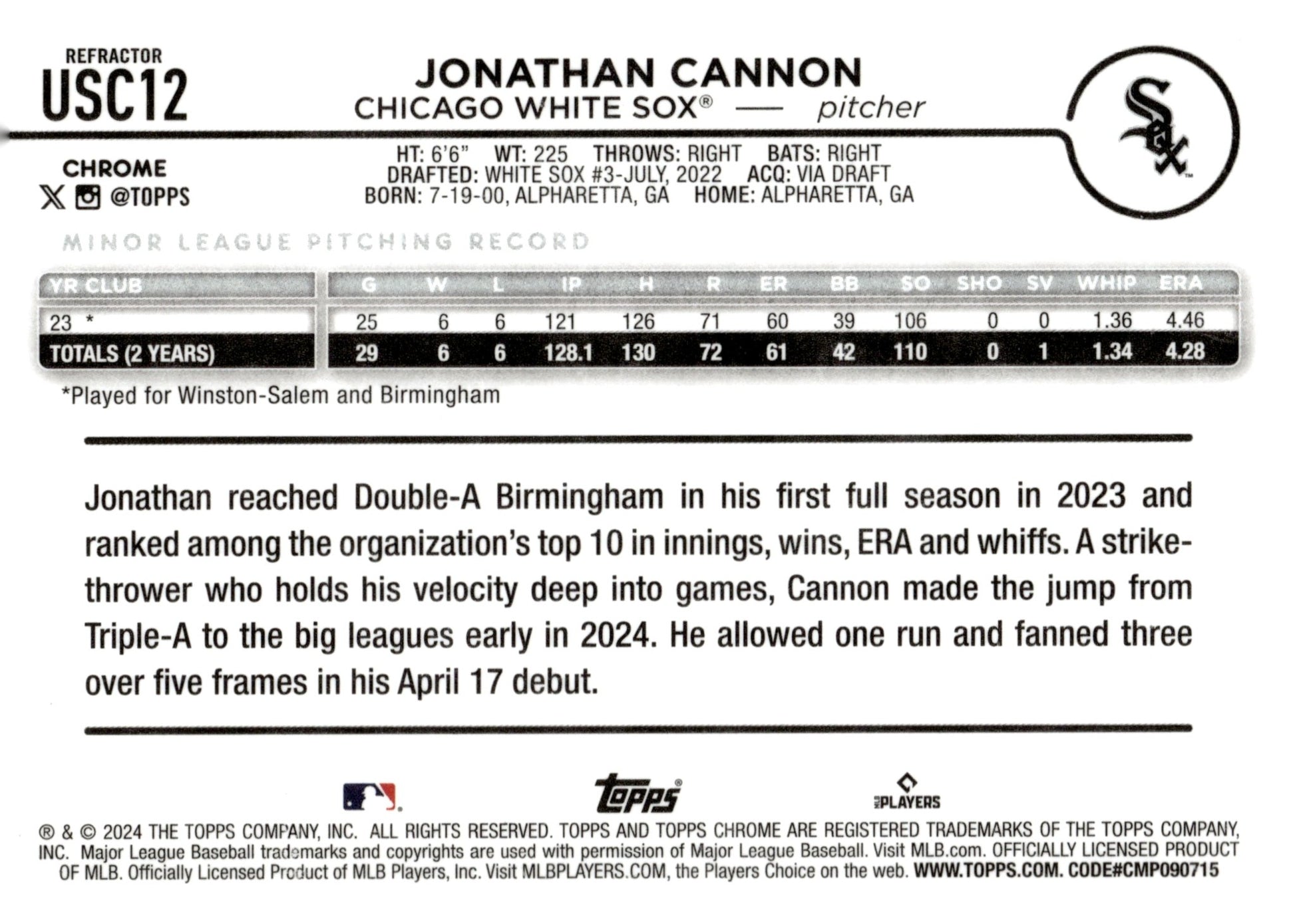 Jonathan Cannon 2024 Topps Chrome Hyper Refractor RC USC12 - Collector Store LLC