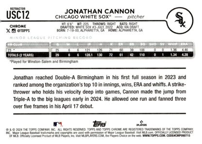 Jonathan Cannon 2024 Topps Chrome Hyper Refractor RC USC12 - Collector Store LLC