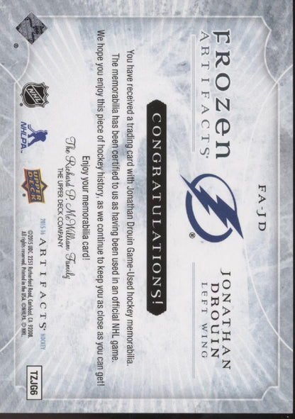 Jonathan Drouin 2015 - 16 Upper Deck Frozen Artifacts Swatch FA - JD - Collector Store LLC