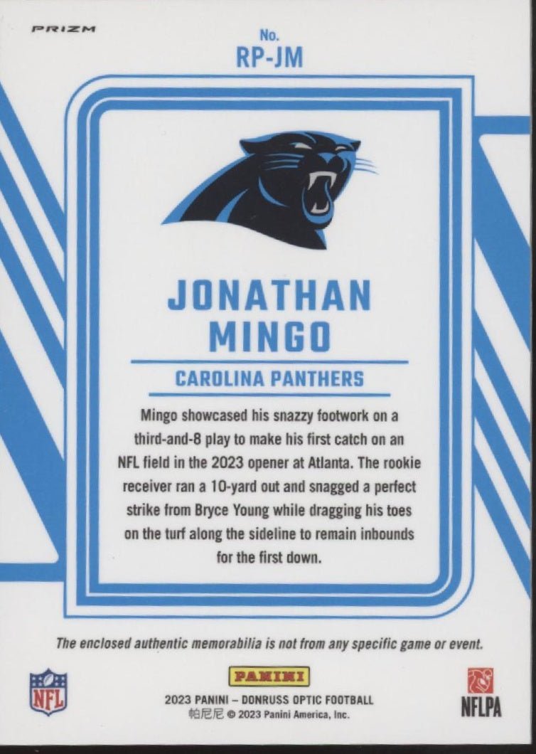 Jonathan Mingo 2023 Panini Donruss Optic Rookie Phenom Blue Prism Prizm Swatch - Collector Store LLC