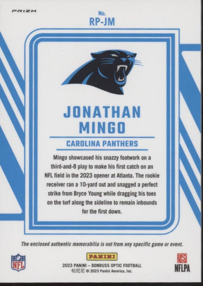 Jonathan Mingo 2023 Panini Donruss Optic Rookie Phenom Blue Prism Prizm Swatch - Collector Store LLC