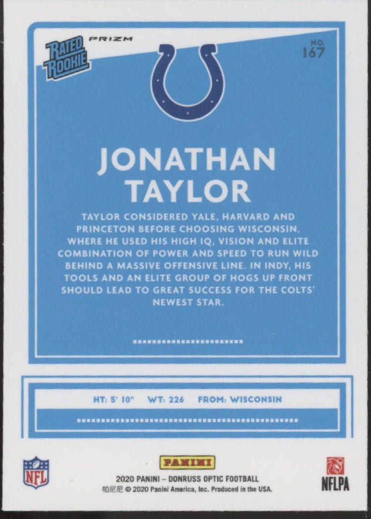 Jonathan Taylor 2020 Panini Donruss Optic Rated Rookie Blue Prism Prizm RC #167 - Collector Store LLC