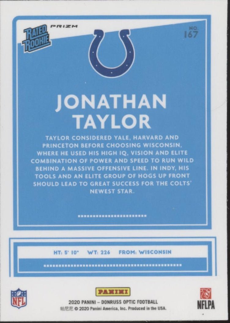 Jonathan Taylor 2020 Panini Donruss Optic Rated Rookie Prizm RC #167 - Collector Store LLC