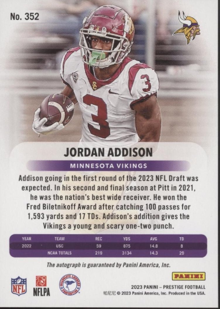 Jordan Addison 2023 Panini Prestige Xtra Points Red RC Auto 027/199 #352 - Collector Store LLC