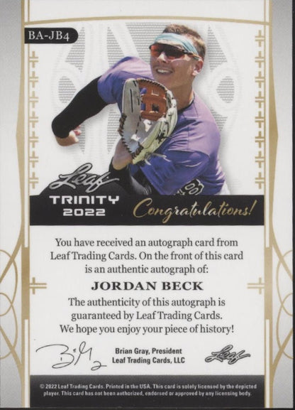 Jordan Beck 2022 Leaf Trinity Blue RC Auto 20/25 #BA - JB4 - Collector Store LLC