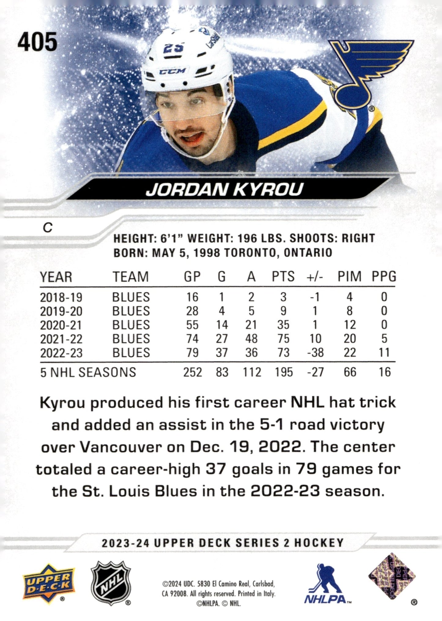 Jordan Kyrou 2023 - 24 Upper Deck Series 2 #405 - Collector Store LLC