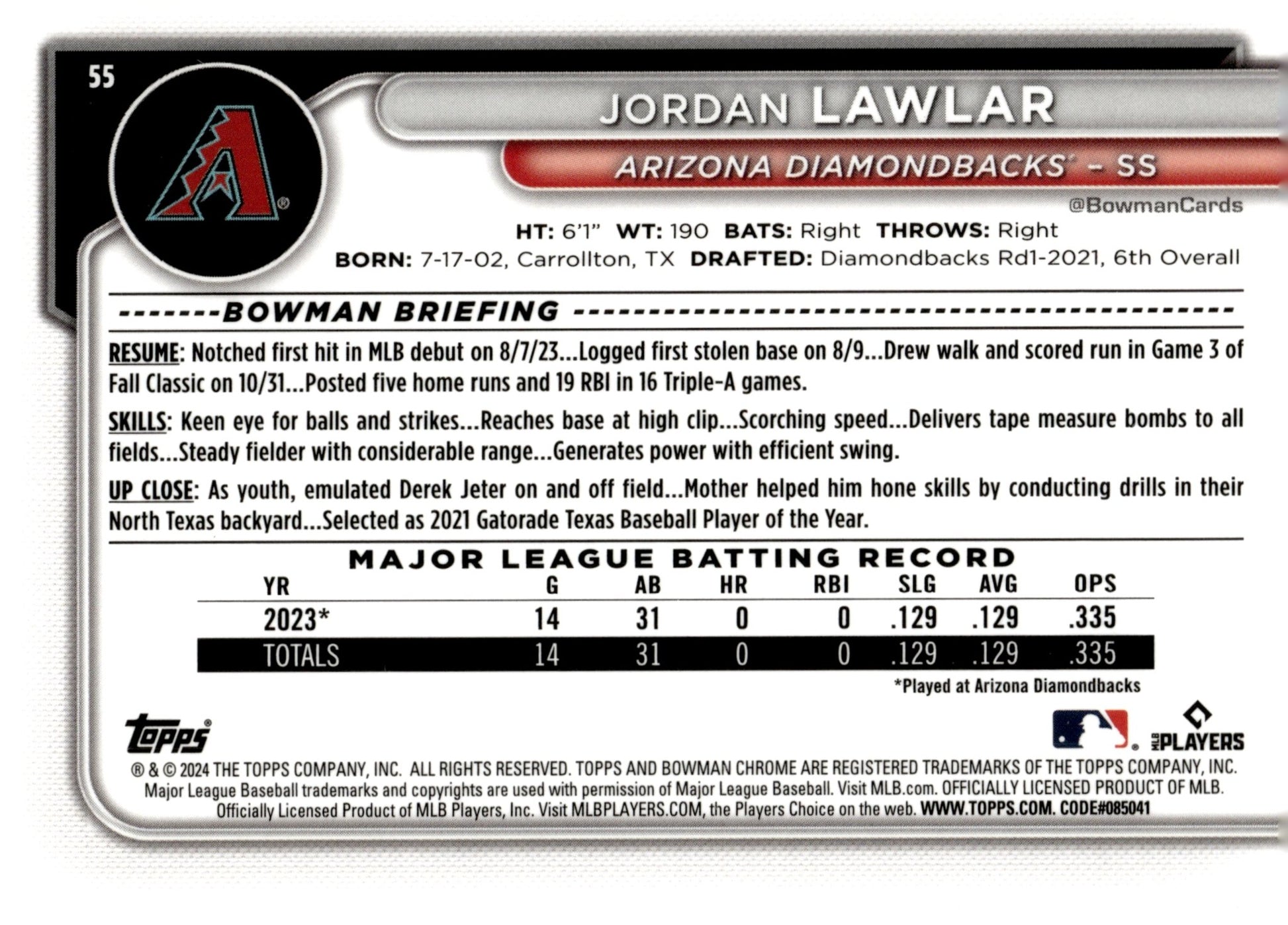 Jordan Lawlar 2024 Bowman Chrome RC 55 - Collector Store LLC