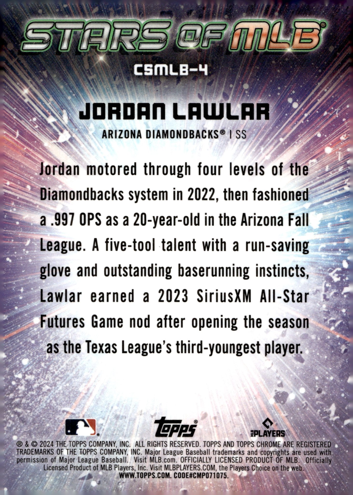 Jordan Lawlar 2024 Topps Chrome Stars of MLB Refractor RC CSMLB - 4 - Collector Store LLC
