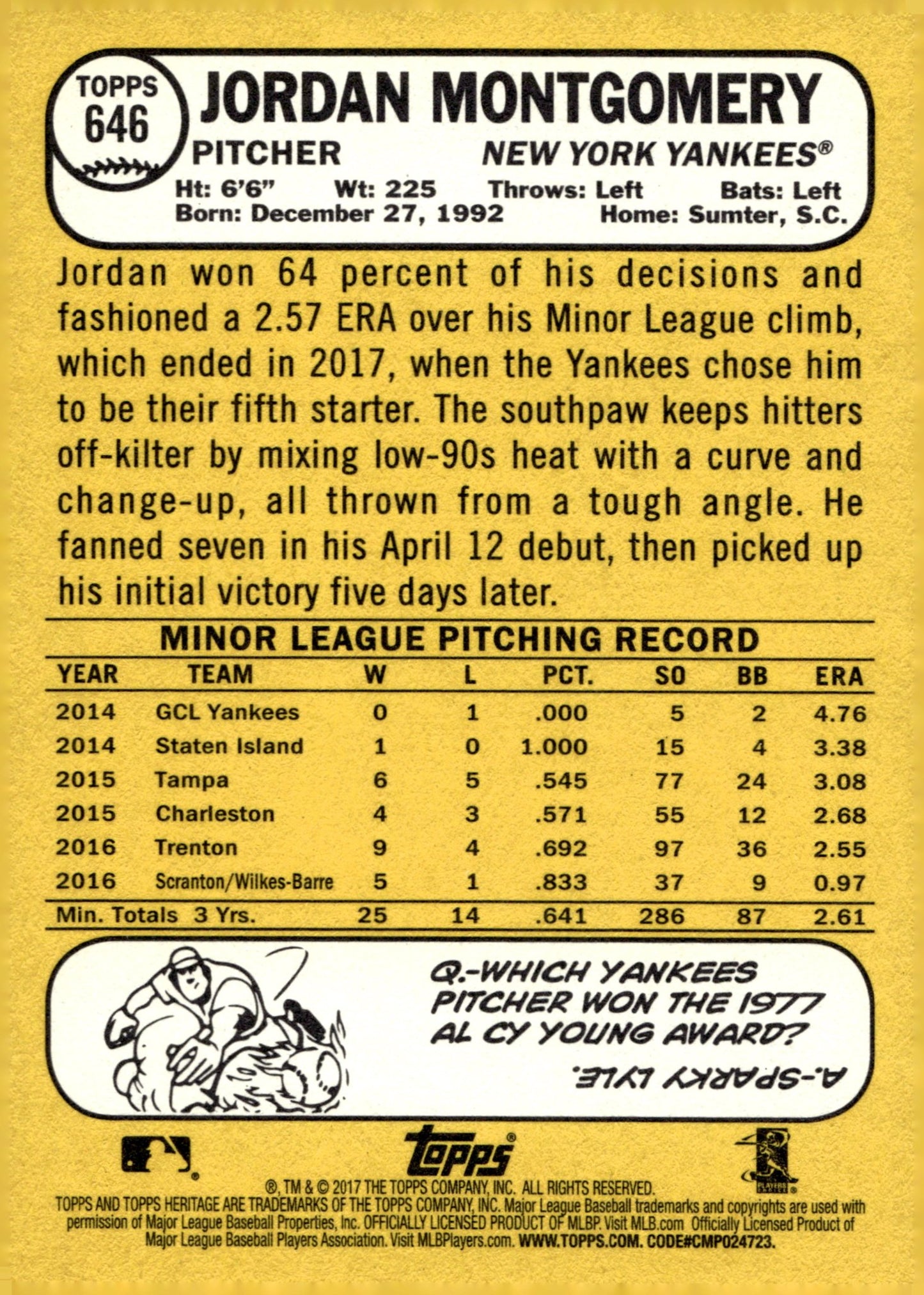 Jordan Montgomery 2017 Topps Heritage RC #646 - Collector Store LLC