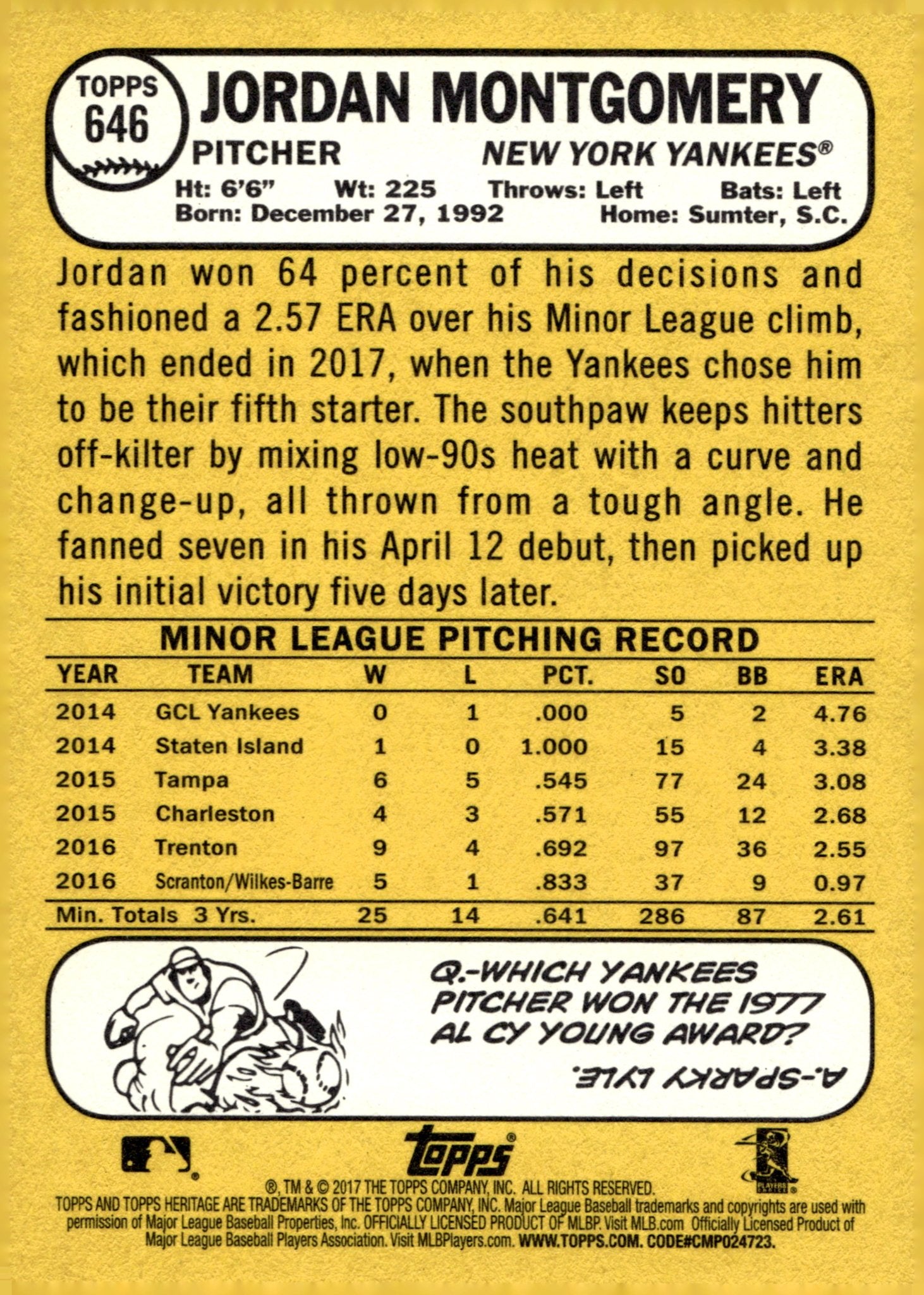 Jordan Montgomery 2017 Topps Heritage RC #646 - Collector Store LLC