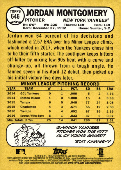 Jordan Montgomery 2017 Topps Heritage RC #646 - Collector Store LLC